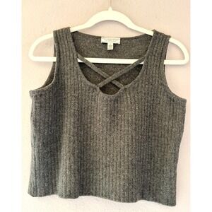 St. John Sport Marie Gray Wool Blend Ribbed Knit Top Criss Cross Medium